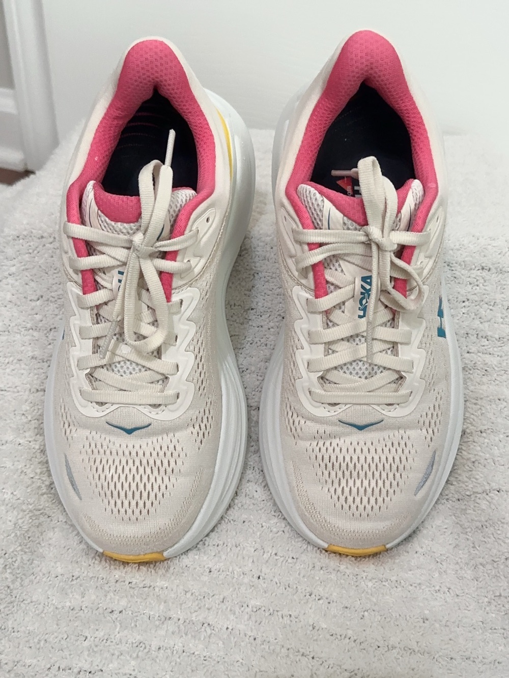 Hoka Women's Bondi 9 Running Shoes — Cream with Pink, Yellow & Teal Accents - Picture 8 of 16